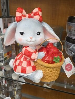 Cute Bunny Figurine with Red Checkered Dress and Strawberry Basket